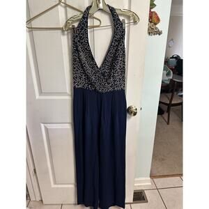 Vnt 90s Lime Nite Beaded Cocktail Jumpsuit Blue Gold Beaded Halter Med 8 Fancy
